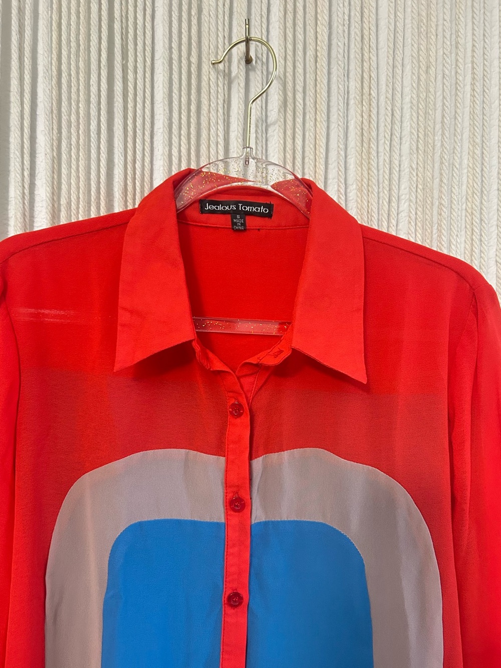 Jealous tomato Sheer Colorblock Button-Up Blouse Red Blue Gray Retro Office Top - Picture 8 of 15